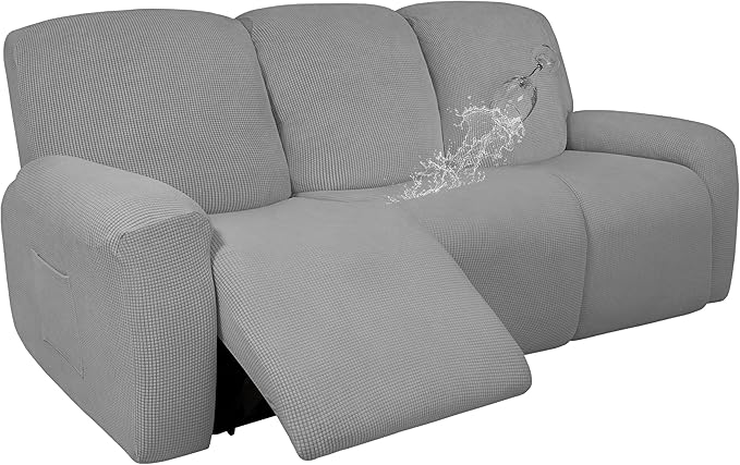 Easy-Going 100% Dual Waterproof Recliner Sofa Cover, 8-Pieces Stretch Relining Couch Cover with Pocket, Jacquard 3 Seat Sofa Slipcover Leakproof Washable (Sofa, Light Gray)