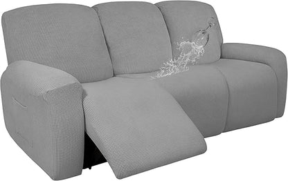 Easy-Going 100% Dual Waterproof Recliner Sofa Cover, 8-Pieces Stretch Relining Couch Cover with Pocket, Jacquard 3 Seat Sofa Slipcover Leakproof Washable (Sofa, Light Gray)