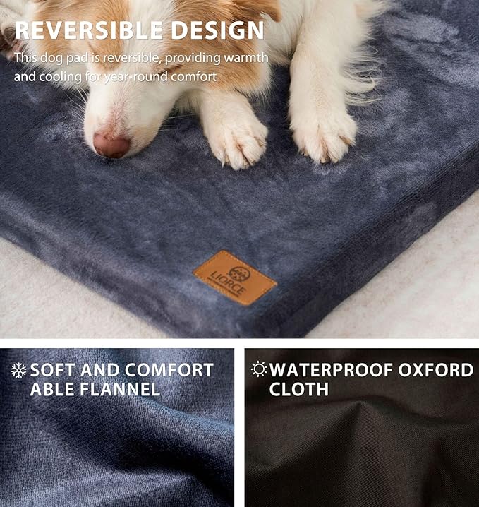 LIORCE Dog Crate Pad - Dog Bed Large Sized Dogs with Removable Washable Cover and Waterproof Lining - Memory Foam Pet Bed for Crate - Reversible Kennel Mat (Cool & Warm), 36-inch, Dark Grey