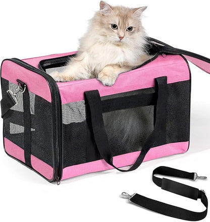 Conlun Cat Carrier Airline Approved, Soft-Sided Dog Carrier with Inner Safety Leash, Pet Transport Carrier for Small-Medium Cats Puppies up to 15 Lbs, Collapsible Travel Kitten Carrier Bag -Pink M
