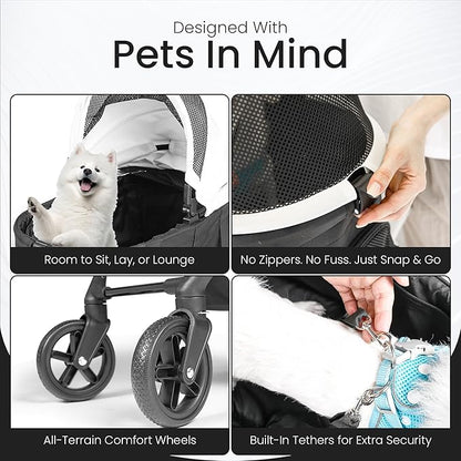 3-in-1 Folding Pet Stroller with Detachable Carrier – Lightweight Foldable Stroller for Cats & Dogs, Dog Carriers & Travel Products Solution with Safety Lock + Storage Basket