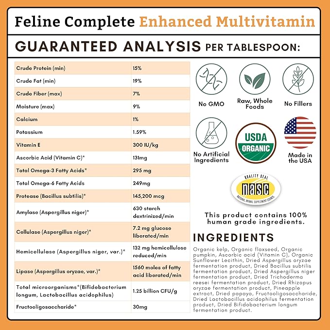 Wholistic Pet Organics Feline Complete Organic Pumpkin - 4 Oz - Multivitamin & Probiotic Powder for Cats - Natural Cat Food & Digestive Support - 37 Scoops