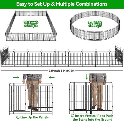 Kfvigoho Heavy Duty Dog Playpen: 32 Steel Panels 40" Height, Square Steel Pipe with Reinforced Crossbars, 71FT 406 Sq.ft Portable Fence for Yard RV Camping, Snowy Black