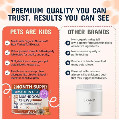 Pets are Kids Turkey Tail Mushroom for Dogs with Organic Real Turkey Tail™ - 8:1 Extract Mushroom Chews for Lumps & Bumps, Immunity, Gut, Skin, Joint & Spine Support - Reishi, Lion’s Mane - 60 Chews