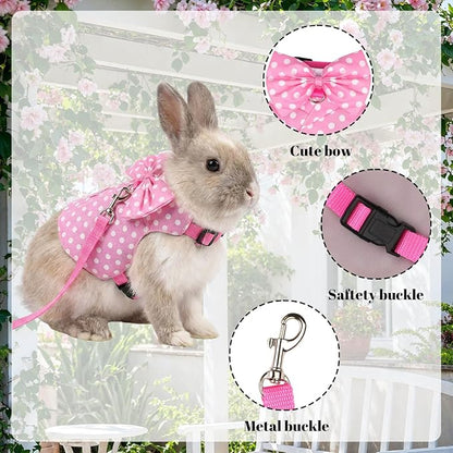 Bunny Harness and Leash Set, Soft Mesh Rabbit Harness with Bow, Adjustable Escape Proof Vest for Small Pets Rabbits Kittens Guinea Pigs (Pink Polka Dots, M)