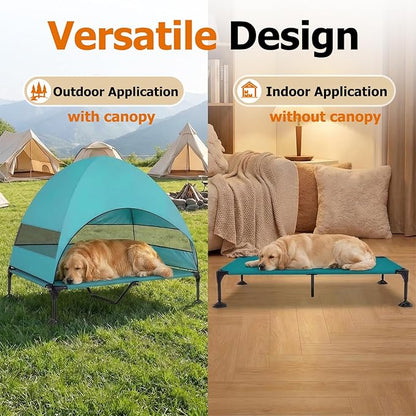 Elevated Dog Bed with UV-Proof Canopy, Outdoor Dog Tent with Powerful Adjustable Feet, Portable Pet Cot with Wider Shade, Raised Cooling Bed for Camping, Patio, Beach, Poolside