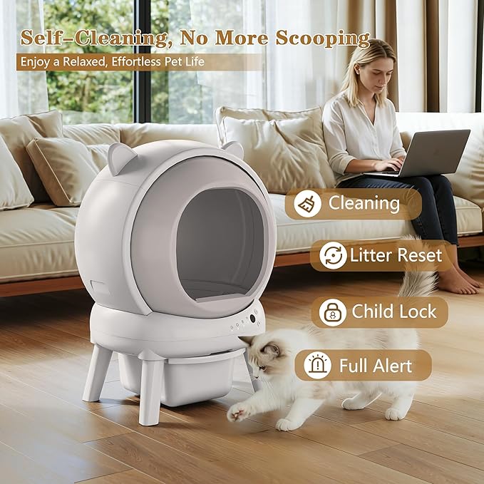 PUPETPO Self Cleaning Litter Box, Automatic Cat Litter Box for Multiple Cats, Auto Litter Box Robot with APP Control, Dual Safety Sensors, Odor Control&Low Noise, Cat Ears Design, Ivory White