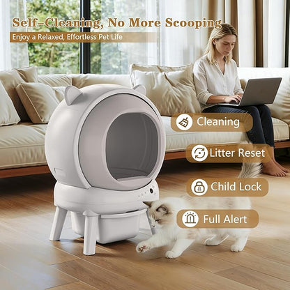 PUPETPO Self Cleaning Litter Box, Automatic Cat Litter Box for Multiple Cats, Auto Litter Box Robot with APP Control, Dual Safety Sensors, Odor Control&Low Noise, Cat Ears Design, Ivory White
