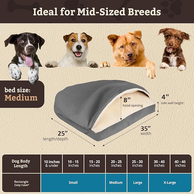 Snoozer Rectangle Cozy Cave Dog Bed - Indoor Dog Bed with Cover Cave, Covered Calming Burrow for Small & Medium Sized Pets with Blanket Attached, Enclosed, Washable Cover - Medium, Heather Gray