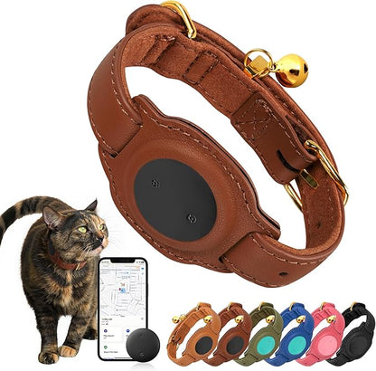 Cat Tracker, GPS Pet Tracker for Cats (Only iOS), Leather Cat Collar with Tracker, Works with Any Collar, No Monthly Fee, Compatible with Apple Find My App not for Android (Brown)