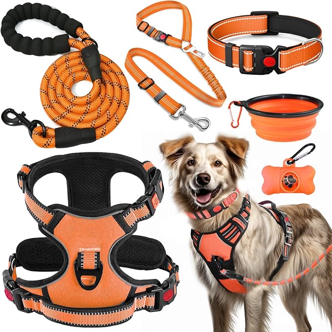 LOBEVE No Pull Dog Harness, Collar & Leash Set | Includes Dog Seat Belt, Collapsible Bowls & Poop Bag Dispenser. Ideal for Training, Walking, Hiking. Fits Small to Large Dogs(Orange-L)