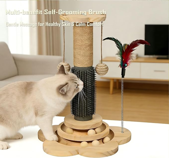 Wooden Cat Scratching Post with Brush, 4 in 1 Cat Scratcher Kitten Toys for Indoor Cats, 17.7" Tall Sisal Post with Two-Laye Wooden Ball Track, Ideal for Small Medium Cat