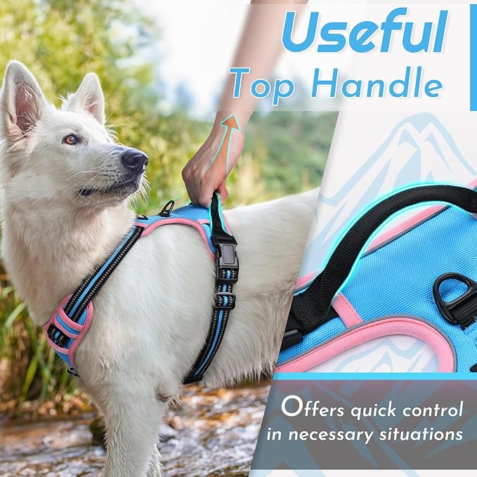 Eagloo Dog Harness for Large Dogs, No Pull Service Vest with Reflective Strips and Control Handle, Adjustable and Comfortable for Walking, No Choke Harness with 2 Metal Rings, Pink & Blue, M