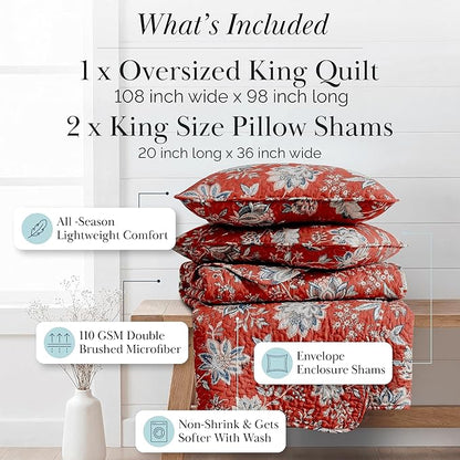 Southshore Fine Living, Inc. Oversized King Quilt Bedding Set, Jacobean Willow Floral Quilt Set with 2 Matching Pillow Shams, Lightweight California King Bed Spread, Soft Microfiber Fabric, Red
