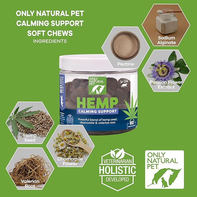 Only Natural Pet Calming Hemp Soft Chews - Relaxation Composure Sedative Tranquilizer Treats for Cat Stress Reduction w/Soothing Botanicals Supports Sleep Aid Quiet Travel Chill Vet Visit - 60 Count