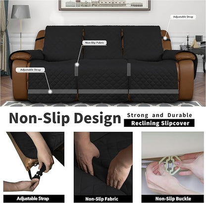 Easy-Going Oversized Recliner Sofa Cover, Reversible Couch Cover for 3 Seat Recliner, Split Sofa Cover for Each Seat with Elastic Straps for Kids, Dogs, Pets (3 Seater, Black/Black)