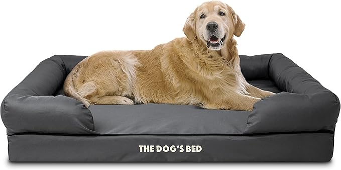 The Dog’s Bed Orthopedic Memory Foam Dog Bed with Bolsters for XL Dogs, Waterproof Washable Cover, Anti-Slip Base, Calming Surface – CertiPUR-Certified Foam, Oxford Fabric, Grey with Black Trim, XL