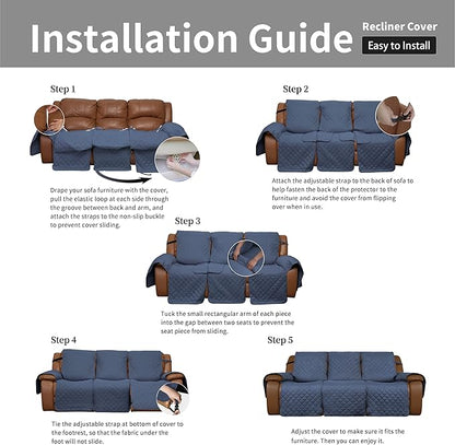 Easy-Going Oversized Recliner Sofa Cover, Reversible Couch Cover for 3 Seat Recliner, Split Sofa Cover for Each Seat with Elastic Straps for Kids, Dogs, Pets (3 Seater, Dark Blue/Dark Blue)