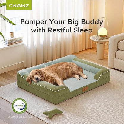 CWAWZ Dog Beds for Large Dogs, Orthopedic Dog Bed with Cooling Gel Memory Foam, Waterproof Large Pet Bed with Removable Washable Cover, 36" Pet Sofa Couch Dutch Velvet with Bone Toy, Dark Green