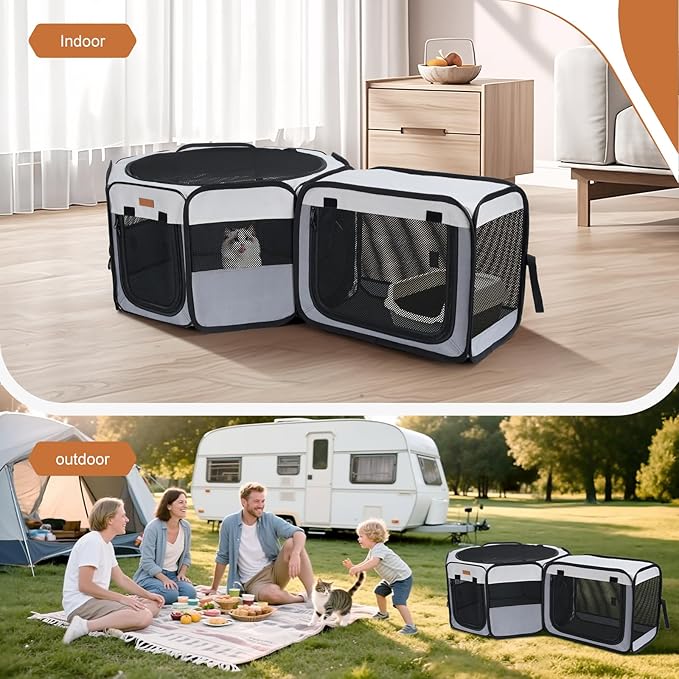 Lekereise Portable Cat Playpen, 47" × 16" Cat Playpen, 2-in-1 Dog Playpen Indoor Outdoor for Cats, Puppies and Small Pets, Independently Usable, with a Carry Bag