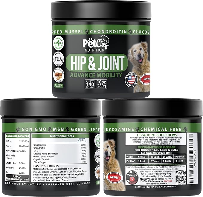Pet Chef Dog Hip & Joint Pain Relief Supplement - Glucosamine, Chondroitin, MSM, Turmeric - Cannine Arthritis Pain Relief & Mobility Chews - Hip Joint Support Treats Peanut Butter 140ct Low Calories!