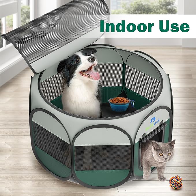 Playpen for Small Dogs Cats Crate: Puppy Play Pen Indoor Outdoor Foldable Potable Exercise Cage Pop up Kennel for Guinea Pig Rabbits Hamster Travel with Carrying Case & Food Bowl (Green, M, 1)
