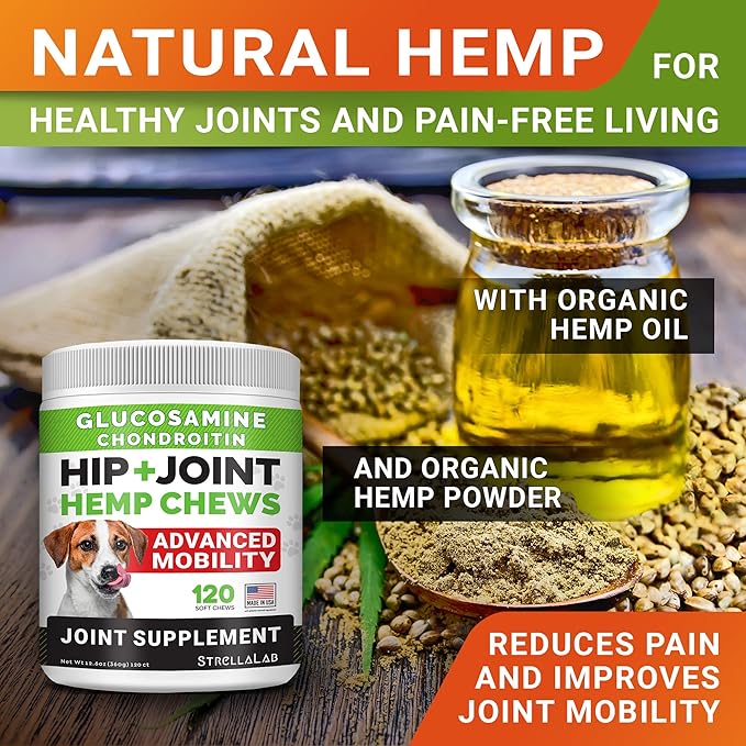 Hemp Chews for Dogs - Hip & Joint Supplement with Glucosamine - Joint Pain Relief Treats - Omega 3, Chondroitin, MSM - Advanced Mobility Support - Chicken Flavor - 120 Ct - Made in USA