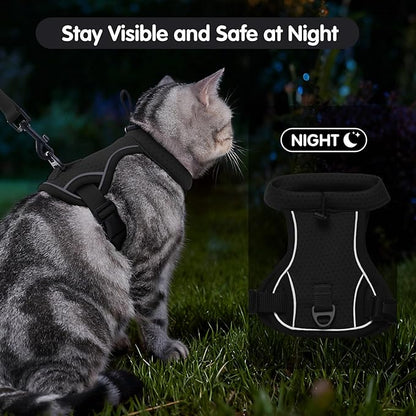 Dotoner Escape Proof Cat Harness and Leash Set Adjustable Soft Mesh Vest for Walking Safe Travel Vet Visit with Reflective Strips for Cats and Kittens(Black-L)