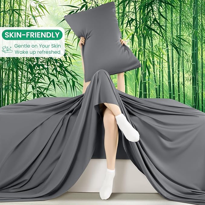 SONORO KATE 100% Viscose Derived from Bamboo_Sheets King Size, Ultra Breathable & Cooling Bed Sheets for Hot Sleepers, Hotel Luxury Silky Bedding Sheets, 16" Deep Pocket - 4PC (Dark Grey,King)