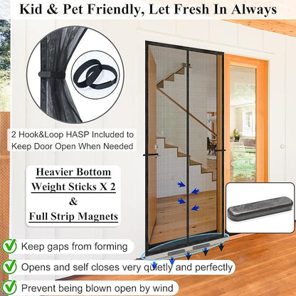 Magnetic Screen Door Upgraded-Model Full Strip Magnets,Reinforced Heavy Duty Mesh Screen Doors Magnets,Full Frame Seal Retractable Door Screen Magnetic Closure for Single Front Patio Sliding Door
