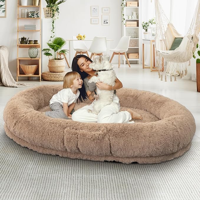 Human Dog Bed, 71''x45''x12'' Size Fits People and Pet 10 CM Thick Memory Foam Washable Adult Large Bed Giant Oversize Foldable Dog Bed with Plump Pillow, Blanket, Strap - Khaki