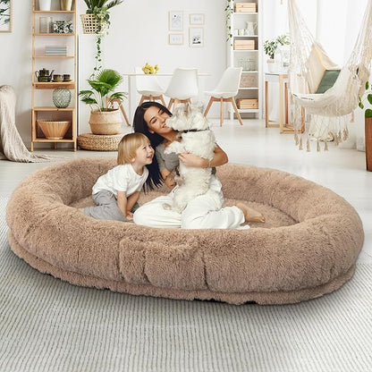 Human Dog Bed, 71''x45''x12'' Size Fits People and Pet 10 CM Thick Memory Foam Washable Adult Large Bed Giant Oversize Foldable Dog Bed with Plump Pillow, Blanket, Strap - Khaki