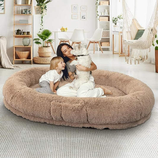 Human Dog Bed, 71''x45''x12'' Size Fits People and Pet 10 CM Thick Memory Foam Washable Adult Large Bed Giant Oversize Foldable Dog Bed with Plump Pillow, Blanket, Strap - Khaki