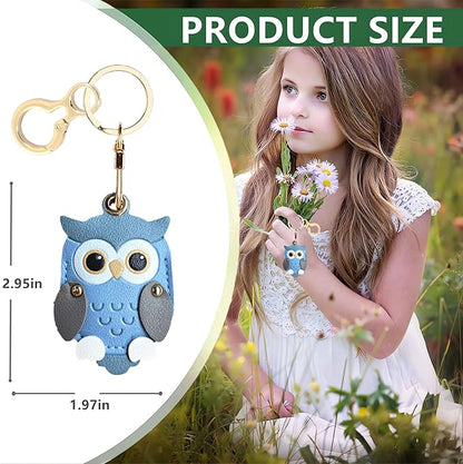 Leather Keychain Holder Case Compatible with AirTag,Cute Protective Cover with Keyring,Anti-Scratch Finder GPS Tracker Case for Wallet Keys,Bag,Pets,Backpack(Owl Blue)