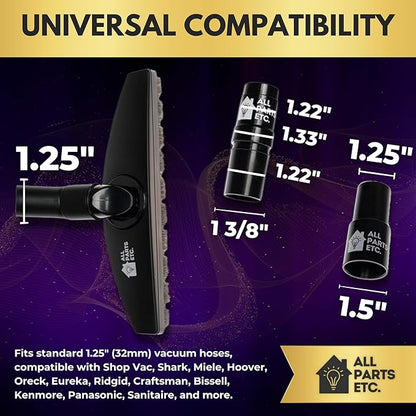 1.25" Hardwood Floor Vacuum Brush Attachment with Natural Horsehair Bristles - Includes 1-3/8" & 1.5" Adapters - Compatible with Shark, Miele, Hoover, Shop Vac, Eureka, Oreck