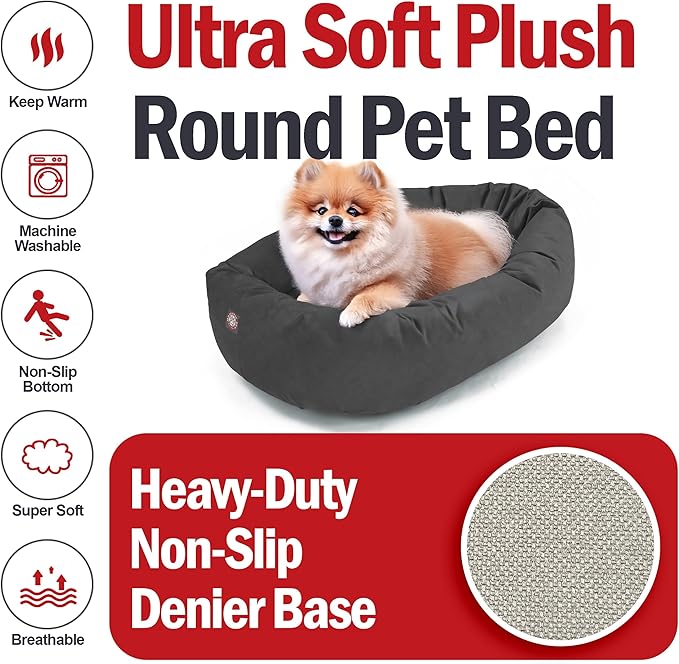 Majestic Pet Suede Shredded Memory Foam Mix Calming Dog Bed Washable - Cozy Soft Round Dog Bed with Spine for Head Support - Fluffy Donut Dog Bed, 24 Inch, Gray
