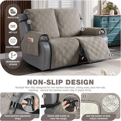 TAOCOCO 100% Waterproof Loveseat Recliner Cover, Non Slip Split Recliner Couch Cover with Elastic Straps, Washable Reclining Sofa Cover Furniture Protector for Kids, Dogs, Pets(2 Seater, Light Brown)