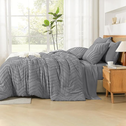 Litanika Queen Size Comforter Set with Sheets Medium Gray - 7 Pieces Bed in a Bag Queen Chevron Tufted Complete Bedding Sets with Comforter, Sheets, Pillowcases & Shams
