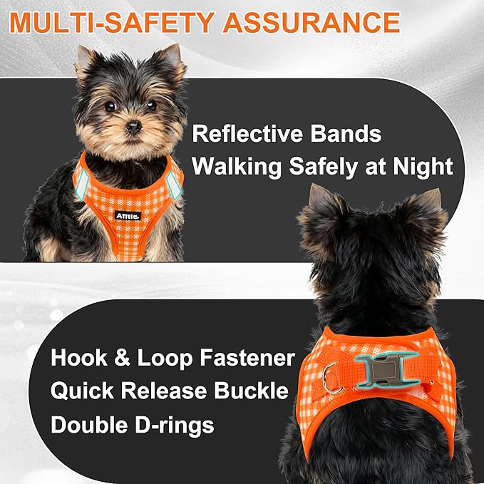 AIITLE Adjustable Dog Vest Harness Set – No-Pull Design, Plaid Print & Reflective Safety– Fits Poodles, Shih Tzus & Medium-Sized Dogs up to 38lbs (M, Orange)