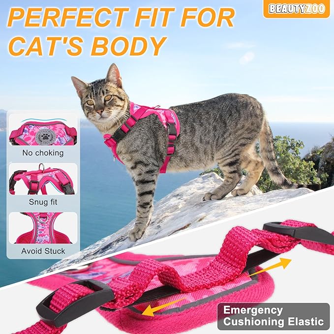 BEAUTYZOO Cat Harness and Leash for Walking, Escape Proof Soft Adjustable Vest Harnesses for Medium Large Cats, Easy Control Breathable Reflective Strips Jacket, Rose, M