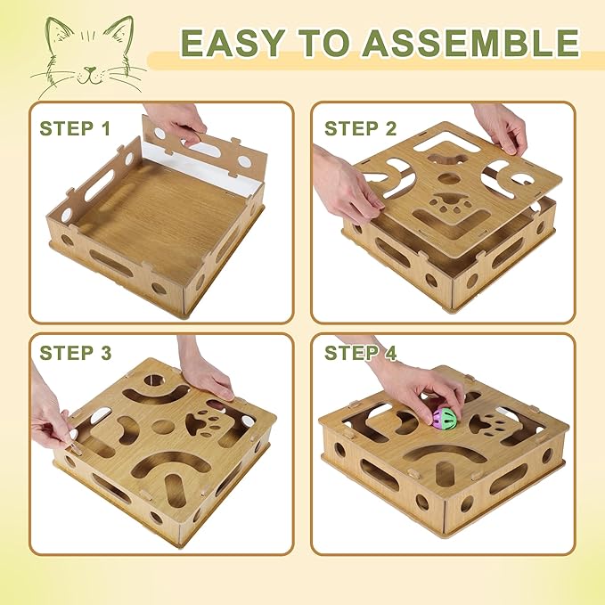 Cat Toys for Indoor Cats, Interactive Wooden Puzzle Toy Box, Stimulate Hunting Drives and Reduce Boredom, Wood Color