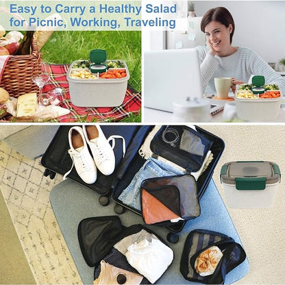Freshmage Salad Lunch Container To Go, 2 Packs 52-oz Salad Bowls with 3 Compartments, Salad Dressings Container for Salad Toppings, Snacks, Men, Women (Wheat straw white)