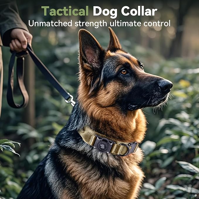 2026 Upgrade Waterproof AirTag Dog Collar, Military Tactical Dog Collar with AirTag Holder, Comfortable Control Handle and Metal Buckle, GPS Dog Collar Holder for Medium to Large Dogs (Khaki,X L)