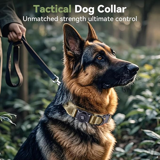 2026 Upgrade Waterproof AirTag Dog Collar, Military Tactical Dog Collar with AirTag Holder, Comfortable Control Handle and Metal Buckle, GPS Dog Collar Holder for Medium to Large Dogs (Khaki, M)