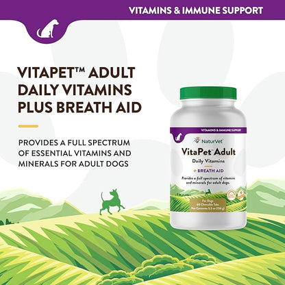 NaturVet VitaPet Adult Daily Vitamins for Dogs With Breath Aid – Includes Full Spectrum of Vitamins, Minerals, Omega-6 Fatty Acids, Parsley – Designed for Dogs Over 1 Year – 60 Ct.