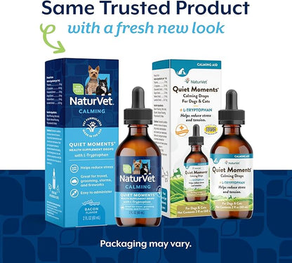 NaturVet Quiet Moments Calming Drops for Cats & Dogs – Helps Reduce Pet Stress, Promotes Relaxation – Dog Supplement, Cat Supplement Includes L-Tryptophan, Ginger, Chamomile – 2 Oz.