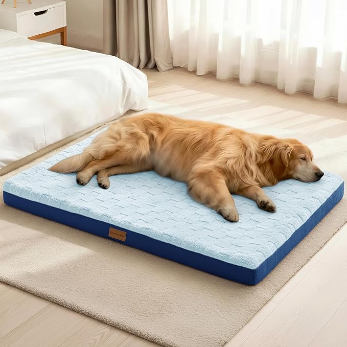 Patas Lague Orthopedic XL Dog Bed Large Sized Dog 42''X28'', Waterproof Soft Comfortable Egg Crate Foam Large Pet Beds Crate Mat with Removable Washable Cover and Nonskid Bottom, Blue