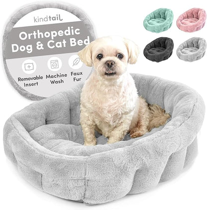 KindTail Small Orthopedic Dog and Cat Bed - Faux Fur Luxury Cuddler for Pets Under 15 lbs, Comfortable Waterproof Material with Nylon Base - 20" x 14" x 10" (Light Grey, Small)