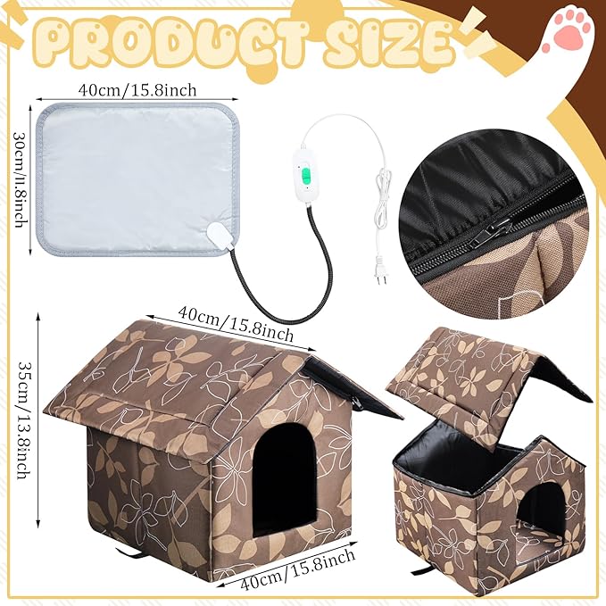 Beeveer Outdoor Heated Cat House Set Weatherproof Enclosures Insulated Cat Shelter with Heating Pad Foldable Indoor Pet Cave with Tent Stakes for Pet Winter Outside