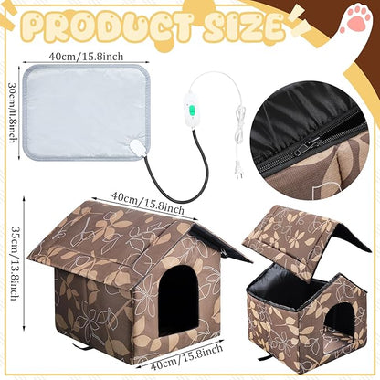 Beeveer Outdoor Heated Cat House Set Weatherproof Enclosures Insulated Cat Shelter with Heating Pad Foldable Indoor Pet Cave with Tent Stakes for Pet Winter Outside